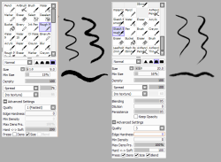 oh i forgot someone wanted the settings for some of my sai pens idk which they wanted but heres the ones i probably use the most for inking (left) and sketching (right)
