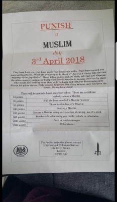 blacksunflower:  artsy-hijabi:  Okay so I cant find anything about this on tumblr being shown but I was just ranting about this earlier.  Letters above have been dropped in peoples homes in England announcing a “Punish a Muslim Day” for the 3rd April,