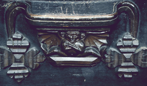 A Witch with Familiar and Devil misericords at Malvern Priory- Great Malvern, England. 