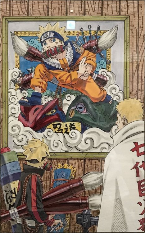 Illustration of Naruto Hokage & Boruto by Masashi Kishimoto for the exhibition of the 50th anniv