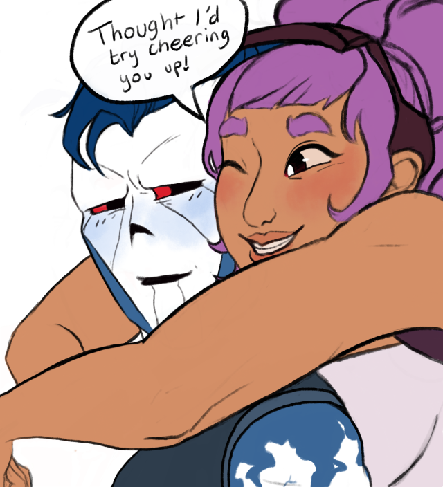 Hordak smiles gently and looks away from Entrapta, blushing. Entrapta says "Thought, I'd try cheering you up!"