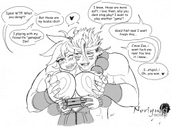 bewbchan:  noriyukiworks:  Sketch: Zeezee &amp; Ignis “game” Part1Zeezee (OC) of bewbchan Ignis (OC) by thesolemntwinkieI saw Ignis have some love for Zee, they have fun to play togheter（・∀・）     huehuehue oh poor zee x3 THANKS NORI!!!