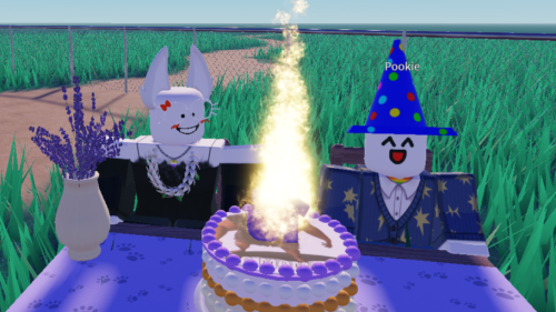me (white) and @kalmarikbread (blue) in a roblox place I made for my own birthday within an hour or so