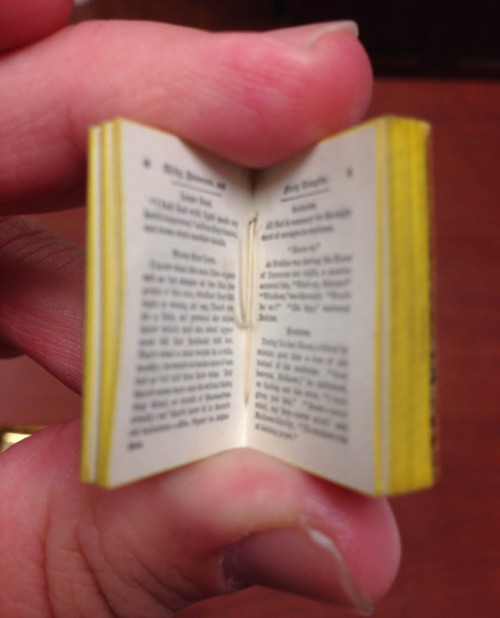 12 volumes in metal case with glass front, resembling miniature bookcase; miniature magnifying glass