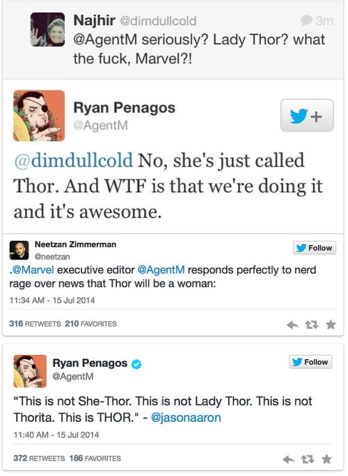 joe-raffe:  blackgirlnerds:  gameraboy:  Marvel Comics is making Thor a woman.  From Time Magazine: TIME: How do you think this will impact fans who have been with the male version of Thor for such a long time?Jason Aaron, writer of the Thor series: