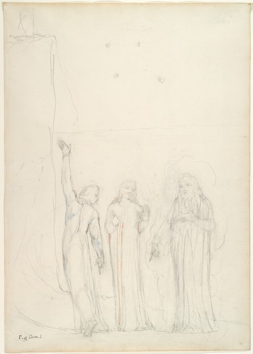 artist-blake:  Dante, Virgil and Cato (from Dante’s “Divine Comedy”), William Blake, 1824-1827, Harvard Art Museums: DrawingsHarvard Art Museums/Fogg Museum, Bequest of Grenville L. WinthropSize: actual: 52.6 x 37 cm (20 11/16 x 14 9/16 in.)Medium: