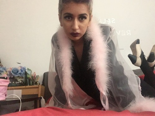 qcrip: Glamour gets ya going [he / him] [image desc 5 photos of me in a romper and pink feather robe