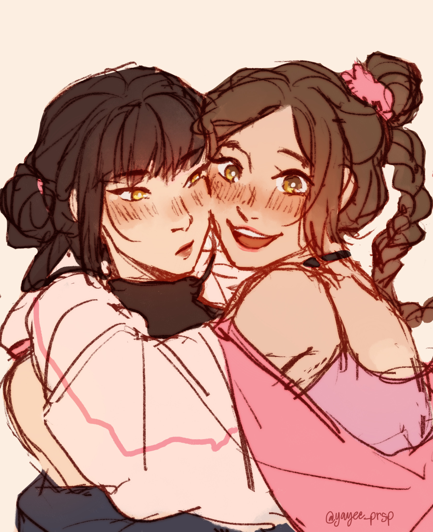 zukoisgayforsokka:yayee-prsp:Girls[ID: A digital drawing of Mai and Ty Lee from Avatar the Last Airbender. It is modern day and they are seen from the chest up. Ty Lee is on the right, excitedly wrapping her arms around Mai’s neck and pressing their