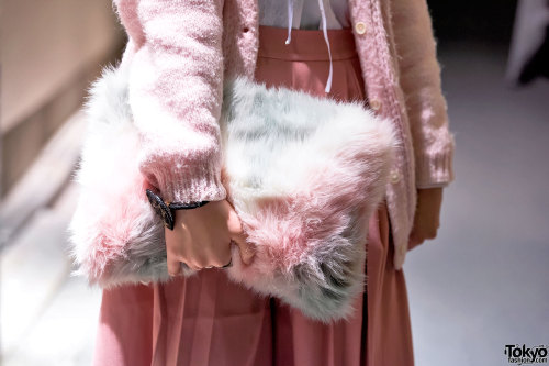 20-year-old Konyatan on the street in Harajuku wearing a pastel look that features a resale cardigan