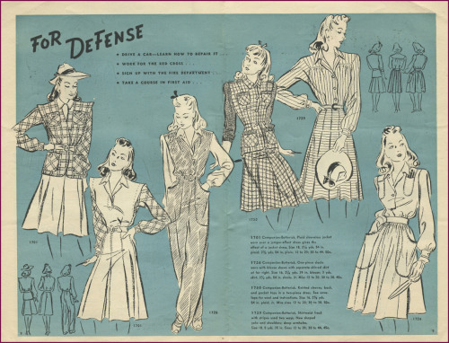 ~ Butterick Fashion News, November 1941via New Vintage Lady(click to enlarge)“FOR DEFENSE:Driv