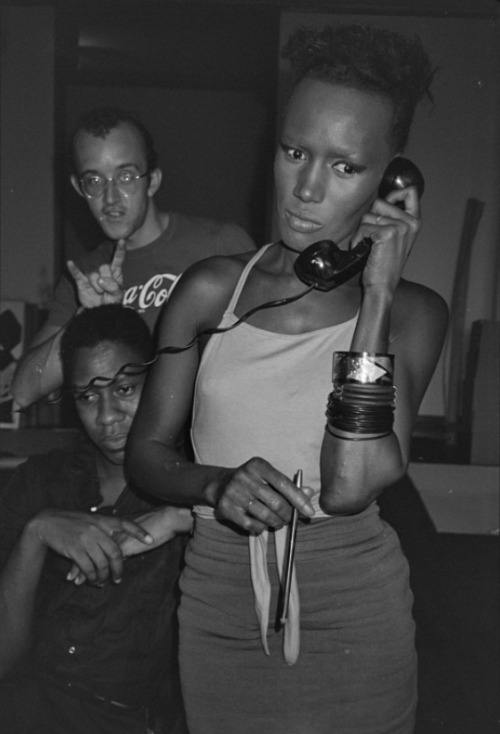 twixnmix:Grace Jones with Keith Haring and André Leon Talley during a photo shoot at Andy Warhol’s s