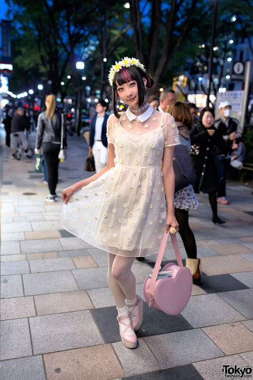 tokyo-fashion:Always-cute RinRin Doll on the street in Harajuku after dark with a LilLilly flower dr