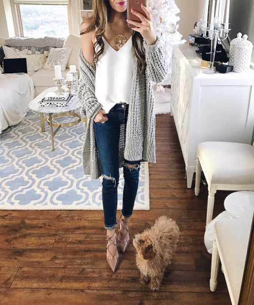 white tank // grey cardigan // AG jeans // Aquazzura lace-up heels, similar HERE // monogrammed neck