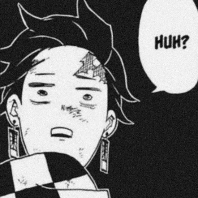 an icon of tanjiro from demon slayer manga. it is drawn in a goofy fashion. he looks over his shoulder to the right with a confused blank expression. he says "huh?"