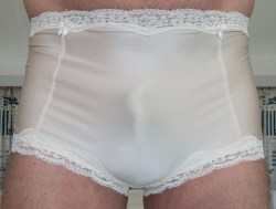 luvmysissypanties:  Another yummy submission from bbme123! Who wouldn’t want to own a pair of these? I love the lace bunting and the fabric looks so slippery. His balls and little man seem to enjoy being in there, and I can’t say that I blame them!