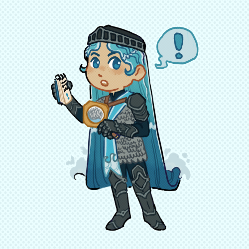 Chibi drawing of Delilah, a water spirit knight. She's holding a magnifying glass and a notebook with clues. A small speech bubble with an exclamation mark hovers beside her. She's wearing chainmail armor accented with plates. A blue ribbon with a wave on it is tucked over top. Her hair is made of water, flowing down to about her knees and cresting up into a wave.