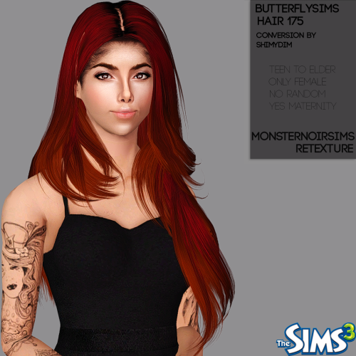 monsternoirsims:BUTTERFLYSIMS HAIR 175 (THE SIMS 3)CREDITS:Mesh: ButterflysimsTexture: Pastry BoxCon