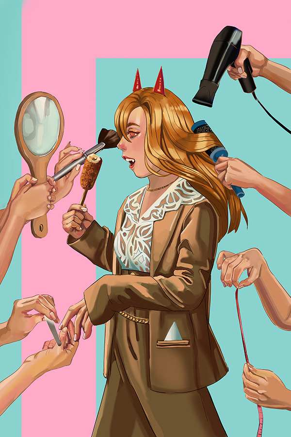 A piece I painted for a fashion fan-zine centering around the comic, Chainsaw Man. More info on the A piece I painted for a fashion fan-zine centering around the comic, Chainsaw Man. More info on the