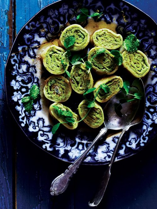 Pea + Fava Rotolo serves 2 pasta:1 c AP flour 1 egg 1 T water filling: 1 c peas, sweet peas frozen w