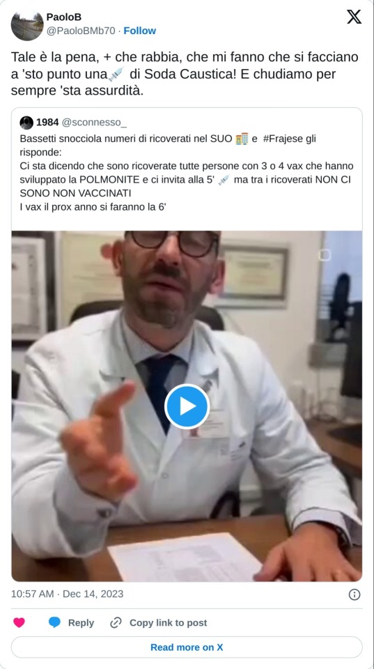 Tale è la pena, + che rabbia, che mi fanno che si facciano a 'sto punto una💉 di Soda Caustica! E chudiamo per sempre 'sta assurdità. https://t.co/CaGaqbIJoR  — PaoloB (@PaoloBMb70) December 14, 2023