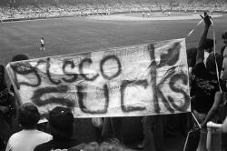 recits-musicaux:  Disco Demolition Night. 12th July 1979 Disco Sucks. Gerry Meier and Steve Dahl, DJs at Chicago’s WLUP radio stage a disco-music-hate demolition night at Comiskey Park, with a public bonfire of disco vinyl records taking place between