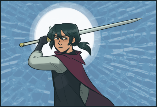 [image: Fakir from Princess Tutu in his caped outfit, holding the prince’s sword behind his head lik