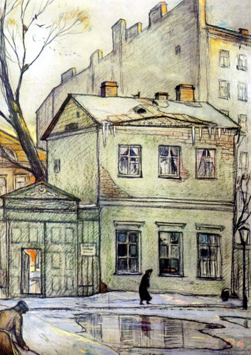 huariqueje:Nellie’s House    -     Ilya Glazunov . 1982.Russian, 1930-2017Paper, black oiled chalk, 