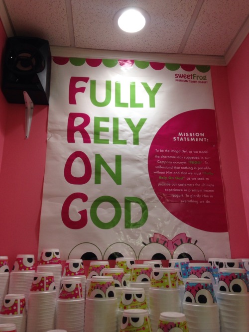 kaysarahh:  baemiserables:  thank-you-mario:  upthawolfs:  edens-blog:  It was 10:30 at night and the only place open in town was this frozen yogurt shop called Sweet Frog and it looked ok at first and then I realized it was a fucking Christian frozen