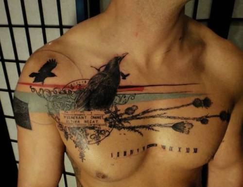 tatuajeshombres:  Tatuaje abstracto que va desde el hombro hasta ambos pechos. Artista tatuador: Xoïl · Loïc Lavenu