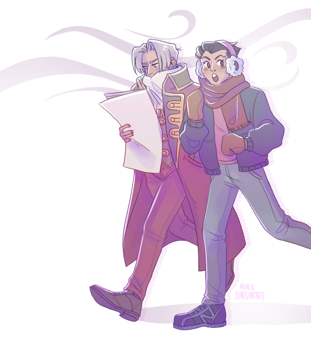 a drawing of college era miles edgeworth and phoenix wright. they are walking side by side. phoenix is wearing a scarf, earmuffs, and mittens. he has a cute surprised expression on his face with a hand slightly lifted to his mouth. miles is looking down at a newspaper clenched in his hand, while his other hand is in the pocket of his giant oversized von karma-esque coat. he is wearing a large white scarf that covers the lower half of his face. the background is white with some grey swirls to implicate cold wind.