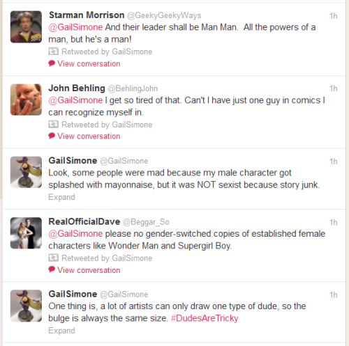 syntacticalambiguity:gailsimone:claysad:Gail Simone’s morning Twitter feed, part 2/2. Welcome to Biz