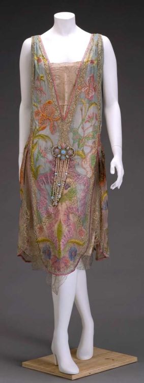 Dress by Callot Soeurs, ca.1926, Paris. Silk, silk and metallic lace, and imitation pearls and opals