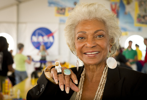 spiritofapollo: Nichelle Nichols (Uhura) with her Lego spaceman ring at a NASA/Lego outreach event.