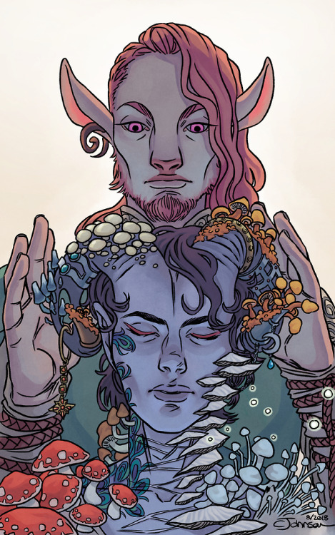 lesbeauan:carolinejohnsonart:Rebirth.[Image description: A digital drawing of Caduceus and Molly fro