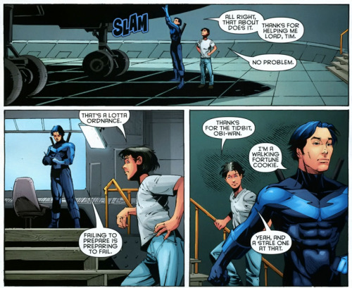 writeroffates:   Nightwing #142 “Thanks for the tidbit, Obi-Wan.”“I’m a walking fortune cookie.”“Yeah, and a stale one at that.”  There is nothing that makes me happier than the Batfam acting like a family. Especially