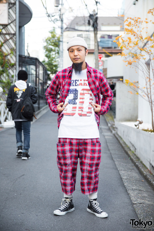 Naoya on the street in Harajuku wearing a plaid look by South2 West8 with Converse high top sneakers
