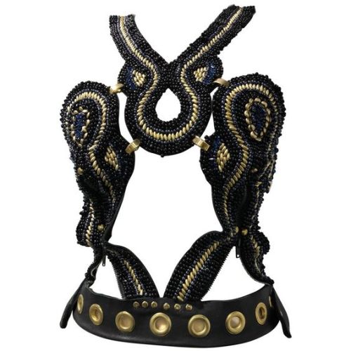  AfroPunk Black Leather & Beaded Harness W/ Gold Studded Hardware & Buckles.  Artisan-made A