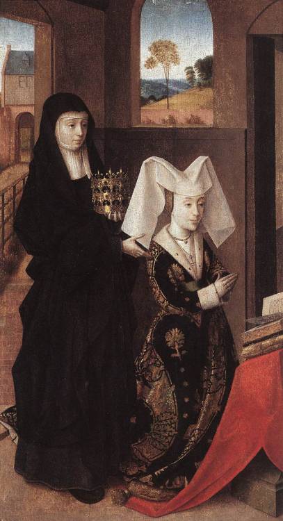 Isabel of Portugal,Duchess of Burgundy at prayer with St. Elizabeth standing behind Petrus Christus,