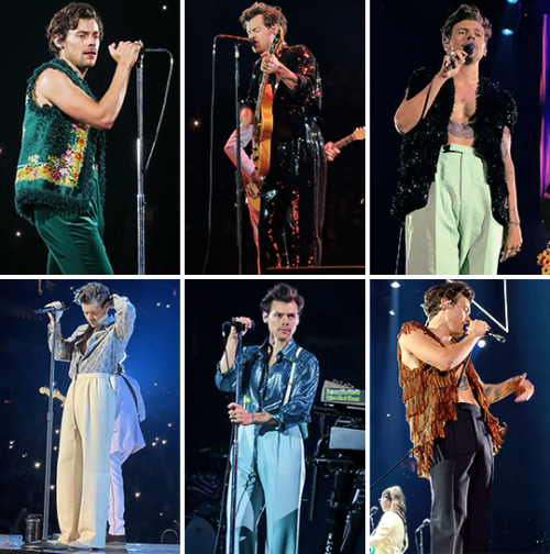 Compilation of the outfits Harry wore on stage during Love On Tour 2021. Links to individual posts a