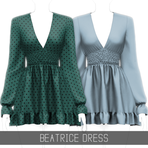 BEATRICE DRESS Deep V neck short dress, with long bishop sleeves, ruched waist & ruffle details!