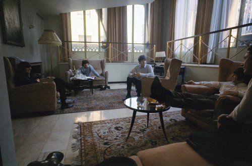 amoralto:John, Paul, George, and Ringo resting in their George V Hotel room with Brian Epstein, Pari