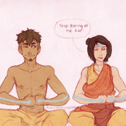 assassinandthecaptain:  someone help me I don’t think I can stop drawing these two ;-; but yeah, I’ve really taken to drawing them older, and in this one they have their tattoos. It’s a shame kai can’t focus on his meditation 