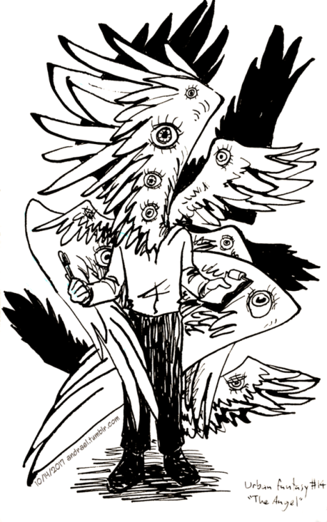 Inktober 13-14/31.Forest #13: The Birds.Urban Fantasy #14: The Angel.Too many wings and eyes.Inks us