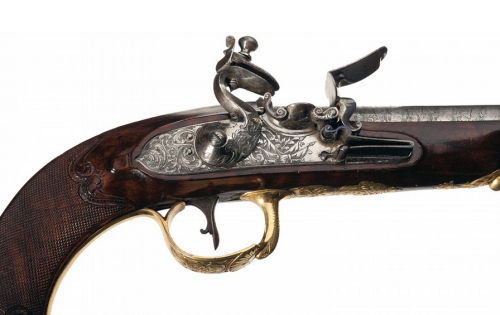 Exhibition quality gold finished Russian Tula Arsenal flintlock pistol, 18th century. Sold at Auctio