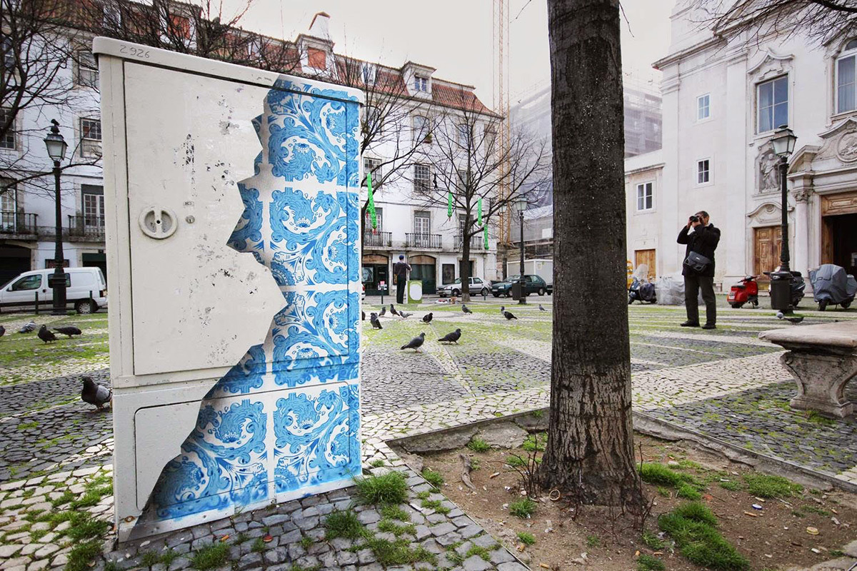 itscolossal:Ceramic Tile Illusion Painted on a Boring Electrical Box in Lisbon