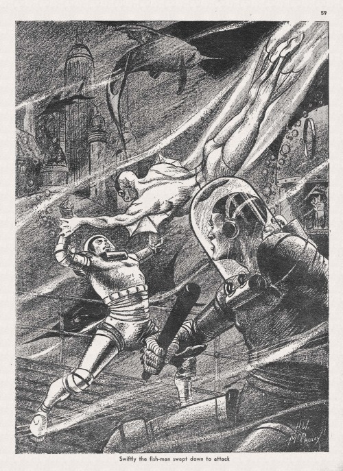 notpulpcovers:Swiftly the fish-man swept down to attack