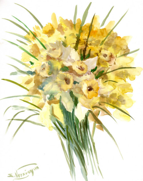 Yellow Daffodils, Original watercolor painting, 14 X 11 in, yellow spring floral art, flowers painti