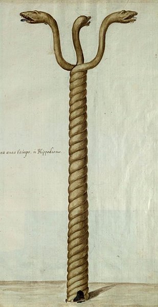 A 1574 drawing of the Serpent Column in Istanbul. The column was initially created on the Greek isla