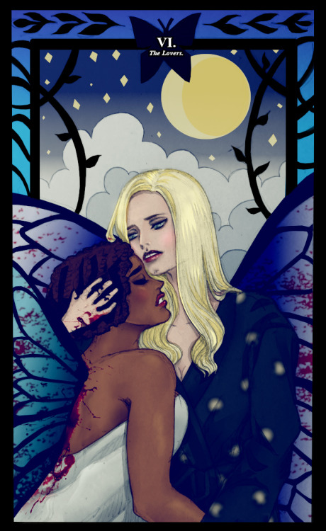 For @anonil88Ruby and Christina as “The Lovers” tarot. (pencil base, coloured with GIMP)