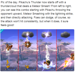ssb4dojo:  Sakurai’s Daily Pic - April 3 I can’t remember the last time Pikachu was the star of the pic but here we have a change to the classic Pikachu Thunder attack.  Now I remember spamming this attack in an attempt keep my opponents away but